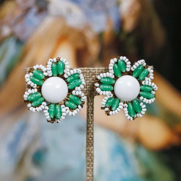 Miriam Haskell Green Seed Beads Clip-on Earrings - Picture 3 of 3